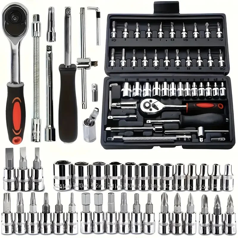 Hi you: 46 piece car repair tool kit: ratchet torque wrench, wrench, screwdriver, socket set combination - perfect for bicycle a
