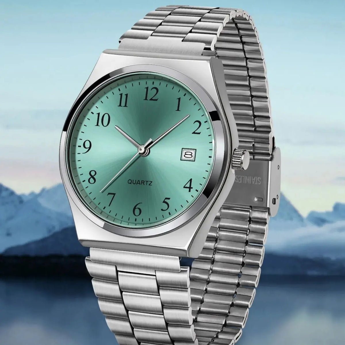 Lucky Fox minimalist stainless steel wristwatch with black dial, showcasing sleek design and precise timekeeping.