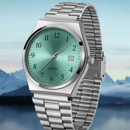 Lucky Fox minimalist stainless steel wristwatch with black dial, showcasing sleek design and precise timekeeping.
