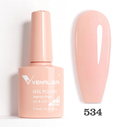 Blushimmer Venalisa HEMA TPO free nail gel polish with glitter, in pink nude shade, full coverage UV and LED soak-off French manicure style.