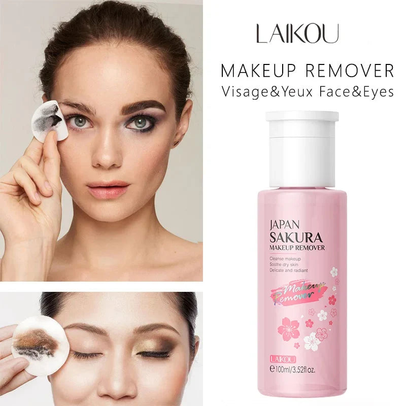 Blushimmer LAIKOU portable makeup remover bottle with clear liquid for eye, lip, and face cleansing, 100ml skincare product.