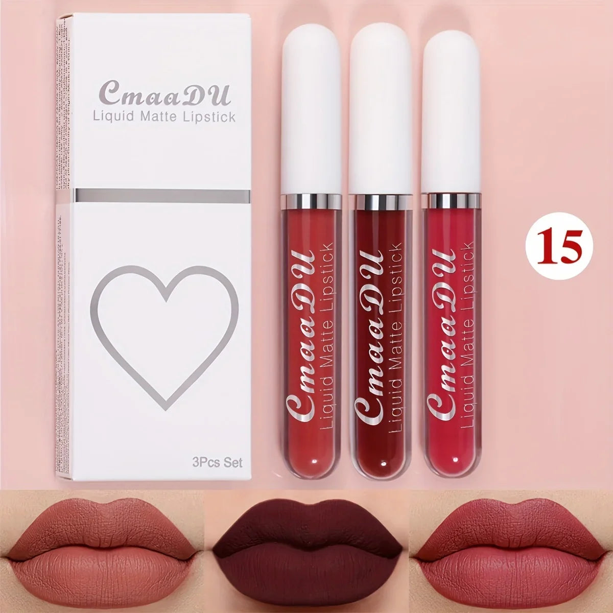 Blushimmer 3-piece matte lipstick and lip gloss set with long-lasting, waterproof, non-fading formulas, perfect for everyday or holiday wear.