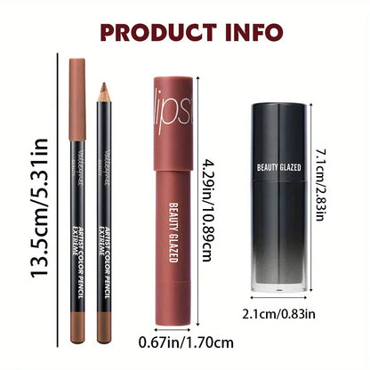 Blushimmer 3-piece lip set with lip liner, matte lipstick, and lip gloss in sleek packaging, showcasing the lip cosmetic collection.