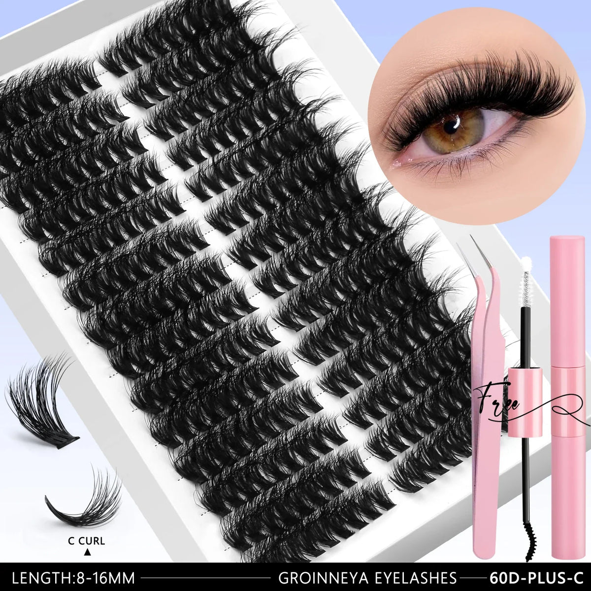 Blushimmer GROINNEYA DIY eyelash extension kit with mixed eyelash clusters, lash bond, seal, and tweezers for at-home lash application.