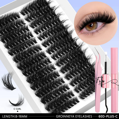 Blushimmer GROINNEYA DIY eyelash extension kit with mixed eyelash clusters, lash bond, seal, and tweezers for at-home lash application.