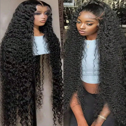 Selvanelle 40-inch deep wave human hair wig with high density, HD lace frontal, tangle-free natural real hair for women.