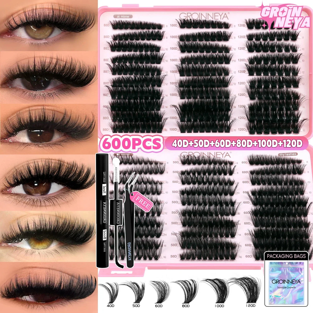 Blushimmer GROINNEYA Lash Clusters Kit with wispy eyelash clusters, lash bond, and seal for DIY at-home eyelash extension.