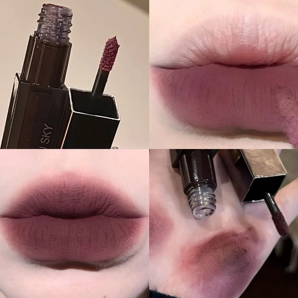 Gothic gray purple lipstick by Blushimmer featuring velvet matte finish and long-lasting waterproof lip gloss application