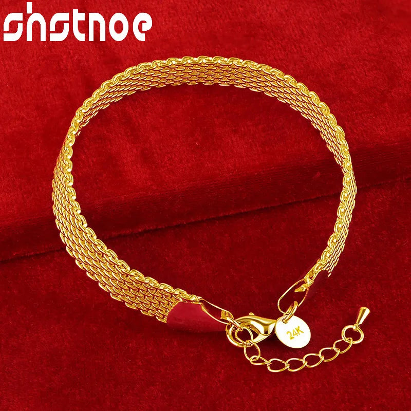 SHSTONE 24K gold bracelet for women and men, 10mm wide chain jewelry suitable for birthdays, weddings, and special occasions