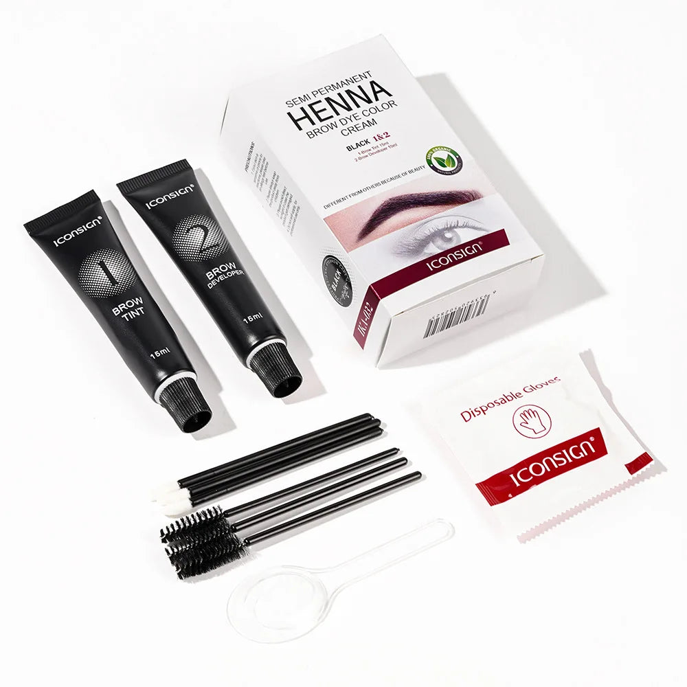 Blushimmer waterproof eyelash and eyebrow tint kit with cream dye, showing the tinted lashes and brows in the image.