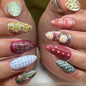 Set of 24 Blushimmer wine red almond press-on nails with cartoon rabbits, bows, plaid, and pearl details for girls' fake nails.