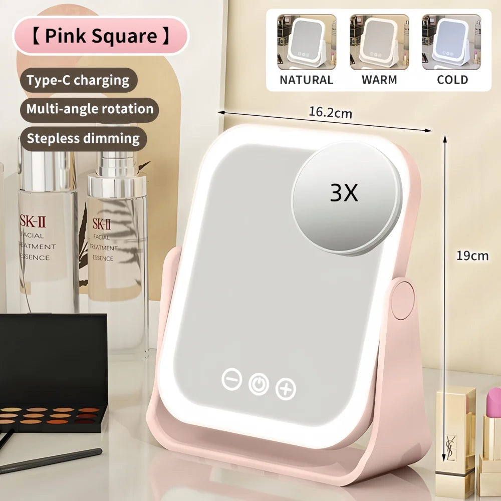 Blushimmer LED makeup mirror with touch dimming, 3X magnifier, portable rechargeable vanity mirror on desk with flip light