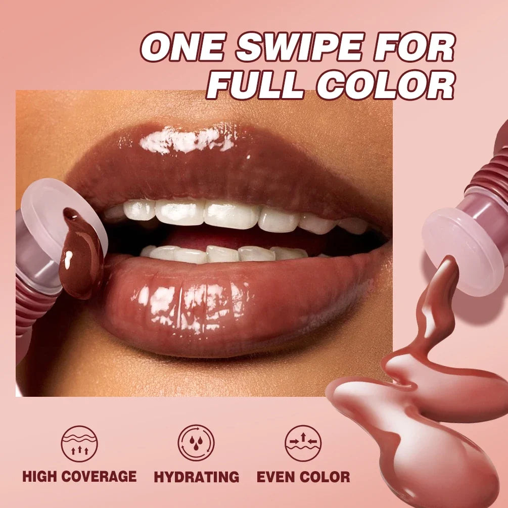 Blushimmer nude brown plumping lip gloss in soft tube, moisturizing lip oil with tint and fullness for natural lip care.