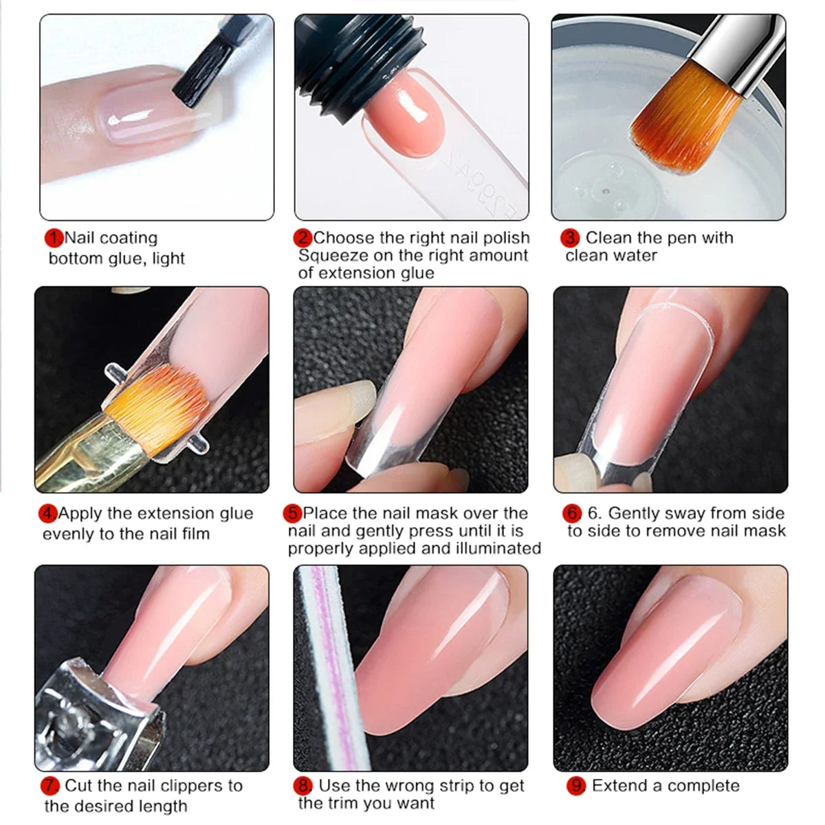 Blushimmer 3-piece 15ml poly nail gel set with base, top coat, extension gel, cleaning water, and nail mold kit for professional nails.