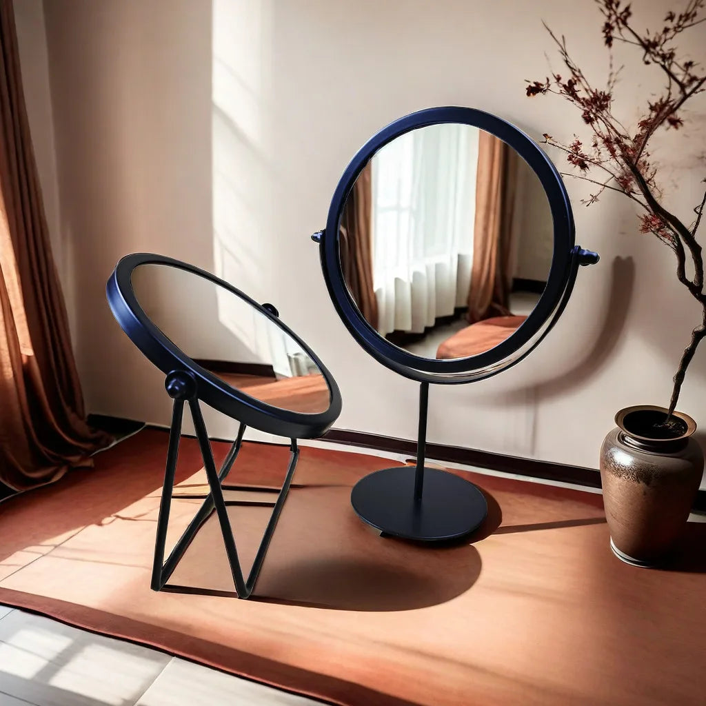 Blushimmer 360-degree rotate iron desktop makeup mirror with textured finish, stylish and sturdy for ladies' beauty routines.