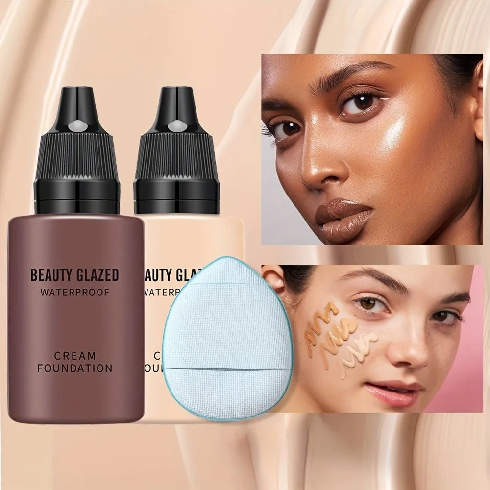 Blushimmer 2024 liquid matte foundation with blue puff, full coverage, waterproof, natural finish, and included applicator puff.