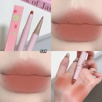 Blushimmer double-head matte lipstick and lip liner pencil in waterproof velvet nude pink and sexy red brown shades for long-lasting lips