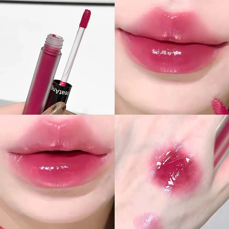 Blushimmer Berry Red mirror translucent lip gloss with hydrating, water-light formula and clear jelly finish on nude brown lipstick