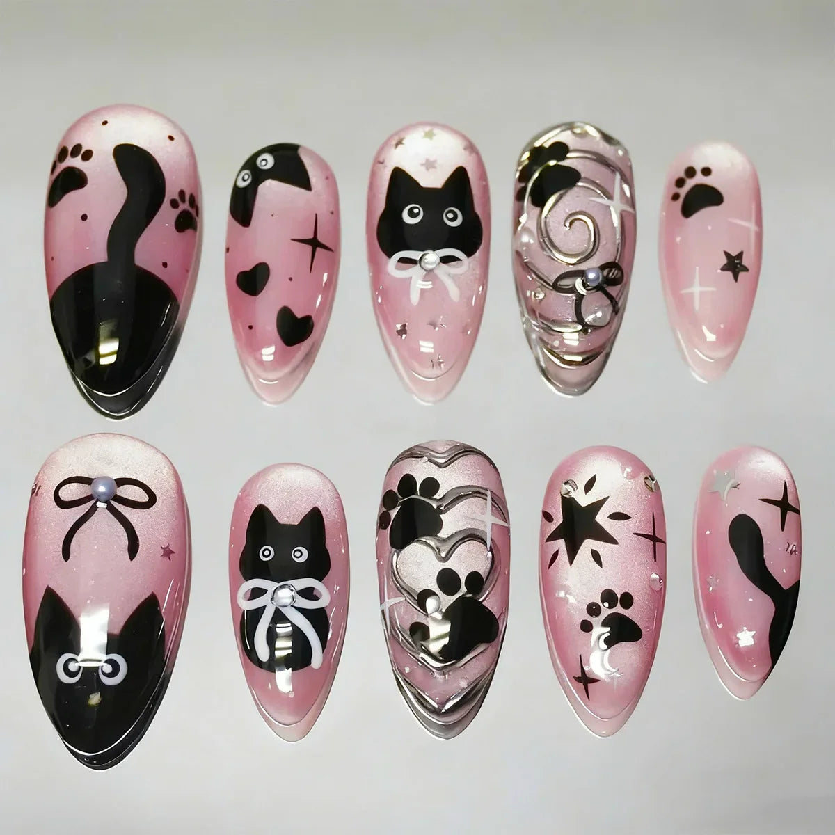 Set of 24 wine red almond press-on nails by Blushimmer featuring cartoon rabbit, bowknot, plaid, pearl designs, French style for girls