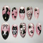 Set of 24 wine red almond press-on nails by Blushimmer featuring cartoon rabbit, bowknot, plaid, pearl designs, French style for girls