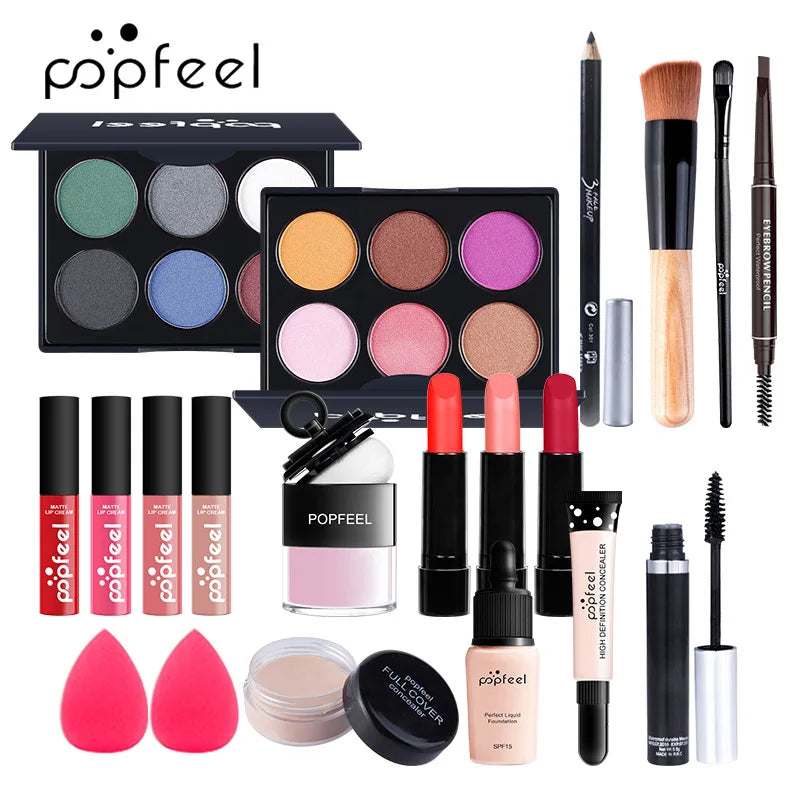 Blushimmer all-in-one makeup kit with eyeshadow palette, foundation, lip gloss, blush, brushes, and eyeline in mixed colors.