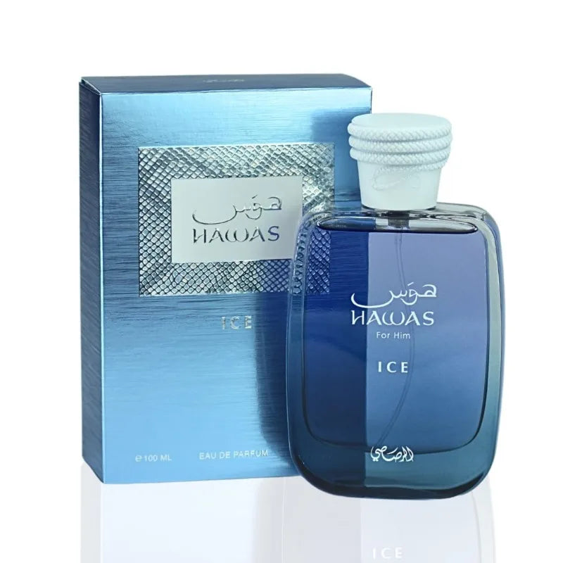 RASASI Hawas Ice men’s Eau de Parfum spray in 100ml bottle, featuring aromatic cologne with lasting pheromones and fresh scent.