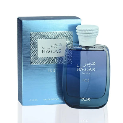 RASASI Hawas Ice men’s Eau de Parfum spray in 100ml bottle, featuring aromatic cologne with lasting pheromones and fresh scent.