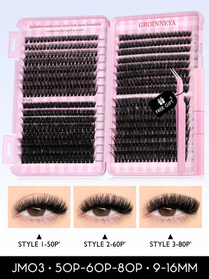GROINNEYA Lash Clusters Kit Cat Lashes 640 Pcs with Lash Bond & Seal Cluster Eyelash Extensions Eyelash Clusters Kit DIY at Home