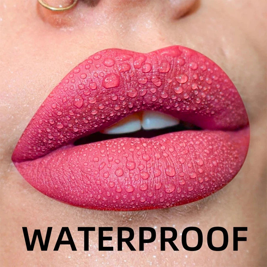 Blushimmer matte velvet liquid lip gloss in nude and red shades, waterproof, with black lips tint and lip glaze makeup.