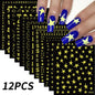 12pcs Blushimmer bronzing laser star nail stickers with 3D alphabet, heart, and flower designs for DIY gradient manicures.