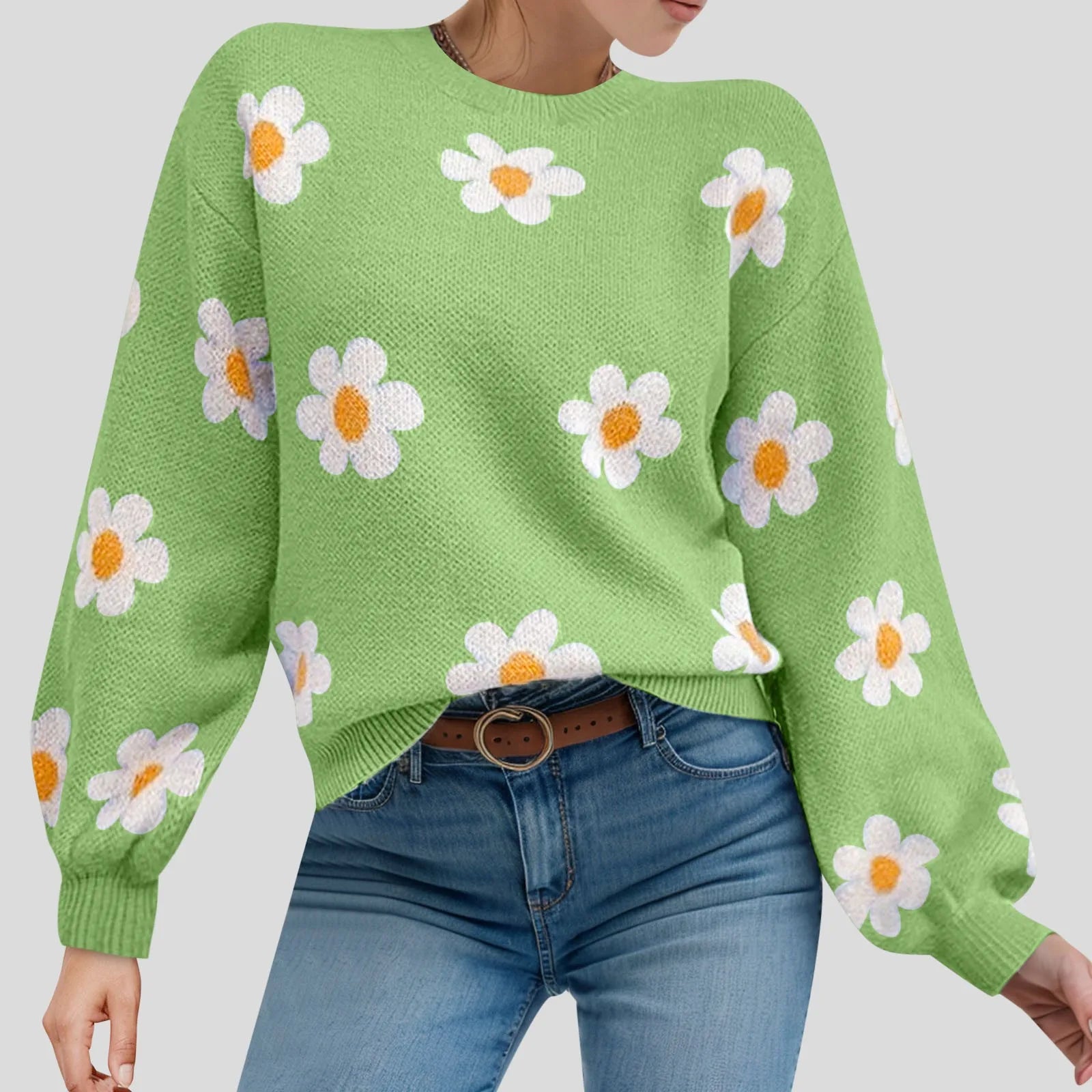 2024 Fall Sweater Women Fashion Round Neck Flower Printed Long Sleeve Ribbed Knitted Pullover Popular Top Autumn Winter Outfits