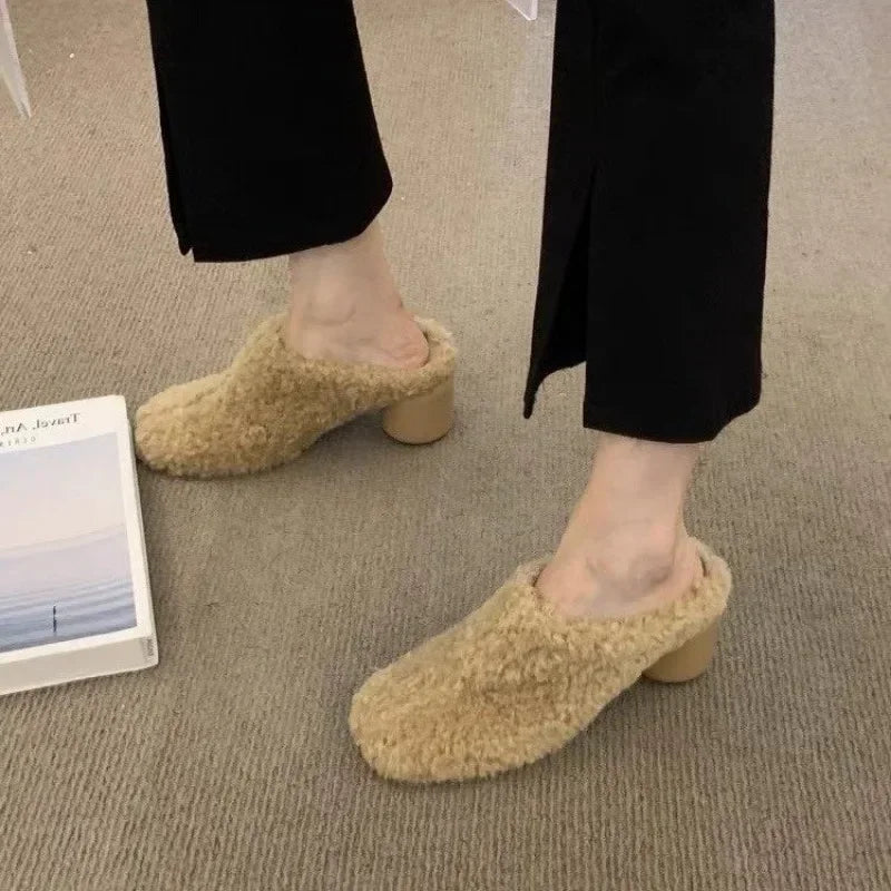 Women's Shoes 2024 High Quality Baotou Women's Slippers Fashion Short Plush Daily Slippers Women Hot Sale Solid Heels Women