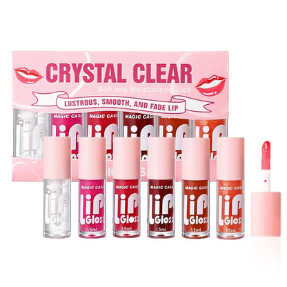 Blushimmer MAGIC CASA 6-piece set water-gloss jelly lip oil with plumping and hydrating properties, displayed in clear packaging.
