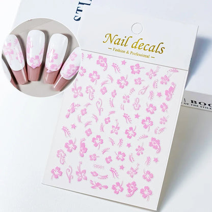 White and black 3D hibiscus flower nail sticker by Blushimmer featuring pink and gold floral decals for nail art decoration.