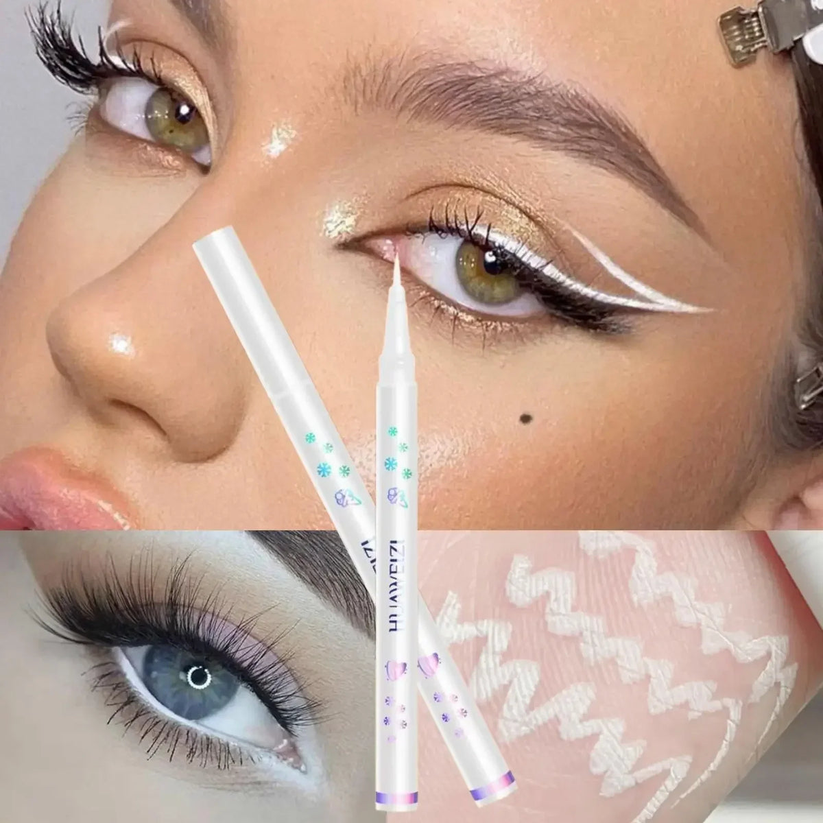 Matte white waterproof liquid eyeliner pen by Blushimmer with an ultra-thin tip, suitable for precise eye lining.