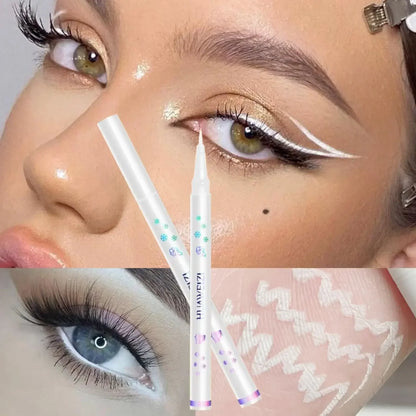 Matte white waterproof liquid eyeliner pen by Blushimmer with an ultra-thin tip, suitable for precise eye lining.