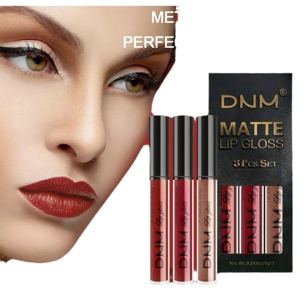 Set of three waterproof liquid lipsticks by Blushimmer in red, blue, purple, nude, and matte finishes for long-lasting makeup.