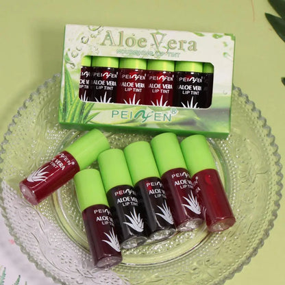 Blushimmer 6-color lip tint set with plumping, moisturizing liquid lip gloss and cheek stain in vibrant shades, featuring aloe vera.