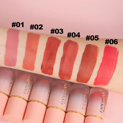 Blushimmer 6-color matte liquid blush set with sponge applicator, long-lasting waterproof formula, easy to apply on cheeks.