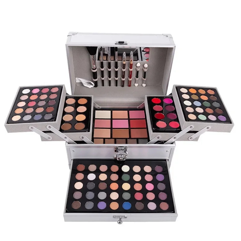 Blushimmer makeup gift set for women includes face powder, eyeshadow palette, lipstick, highlighter, bronzer, and brushes.
