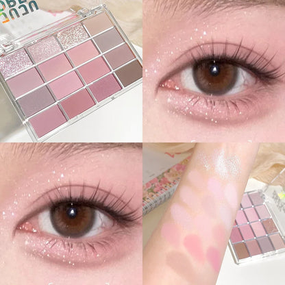Blushimmer 16-color eyeshadow palette with pearlescent and matte shades, featuring earthy tones for natural daily makeup looks.