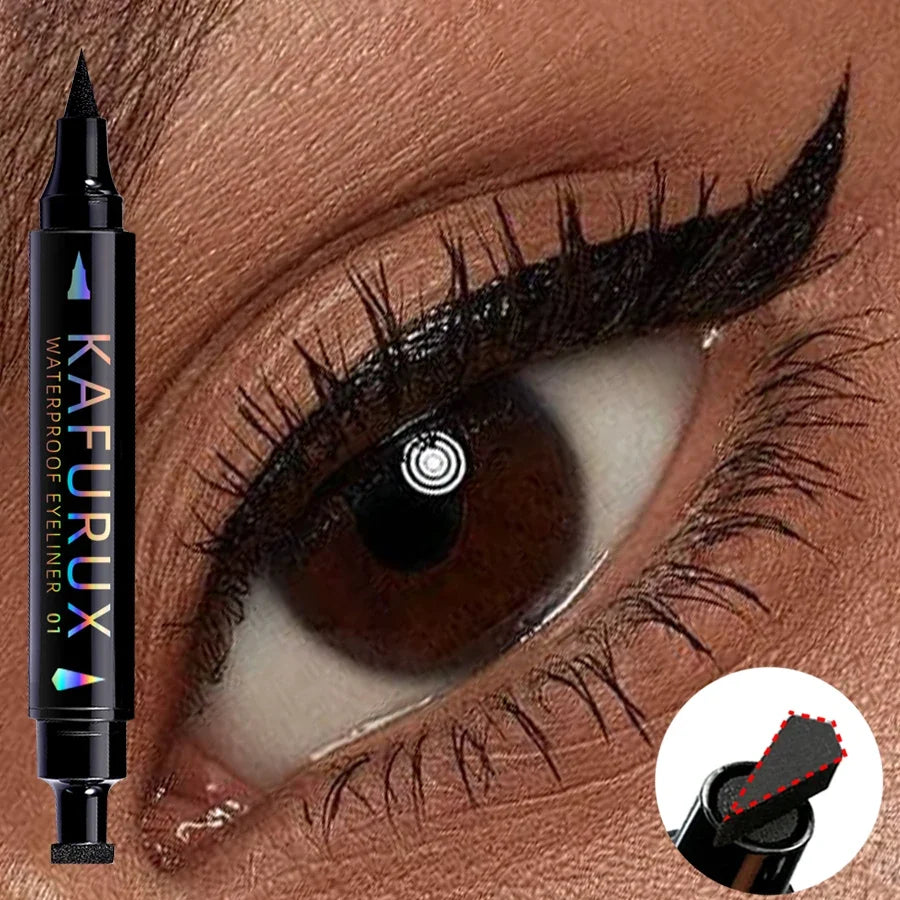 Blushimmer 2-in-1 waterproof seal stamp and liquid eyeliner pen in black, purple, and blue for precise Korean makeup looks.