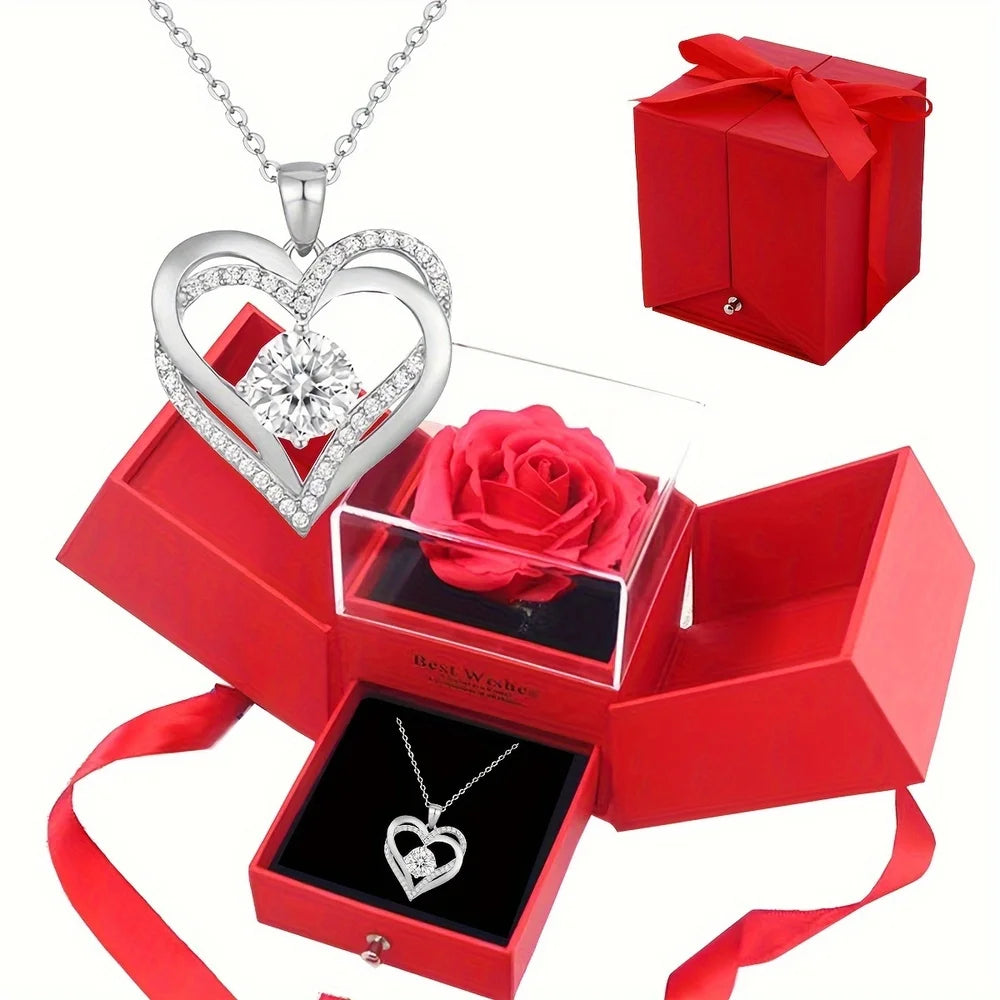 Women's Double Heart Necklace in Rose Gift Box - for Mother, Wife, Girlfriend - Valentine's Day, Birthday, Wedding Present
