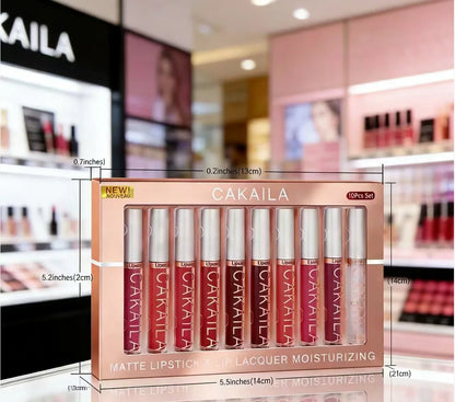 Set of 10 Blushimmer matte liquid lipsticks and lip oils in nude, red, and pink shades with waterproof, long-lasting, non-transfer velvet gloss