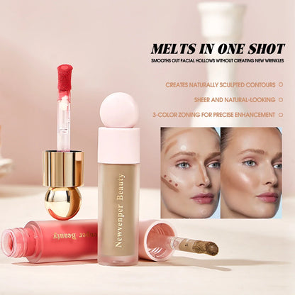 Blushimmer liquid highlighter, blush, and contour stick set for face and body with a silky, natural glow and matte pink shadow.