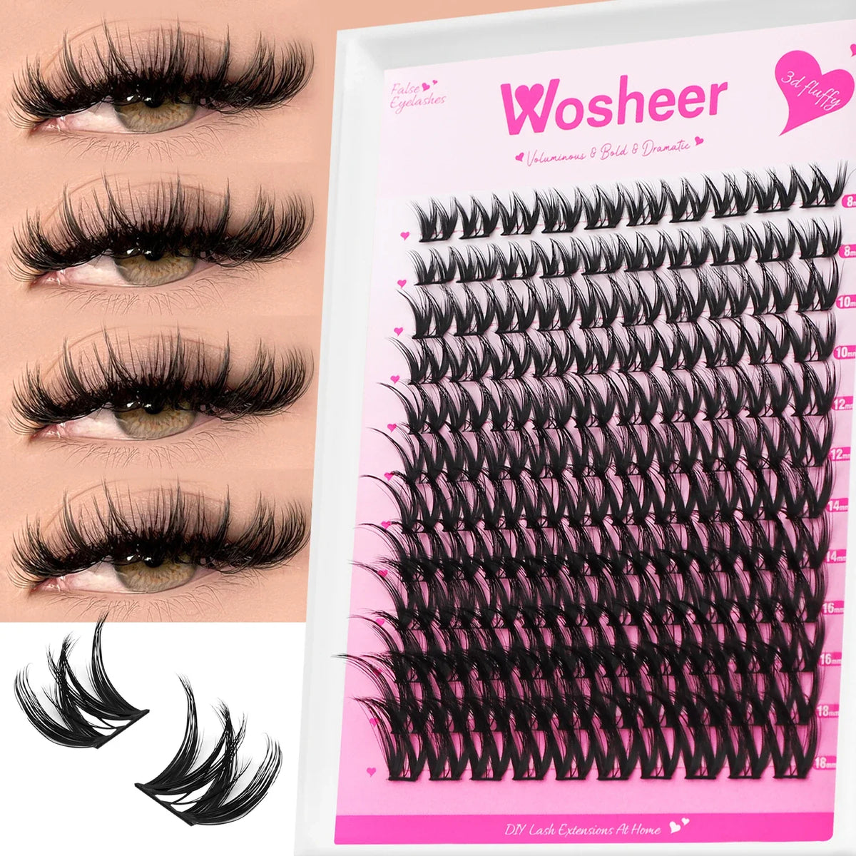 Blushimmer WOSHEER eyelash clusters kit with faux mink lashes, lash bond, seal, and remover for DIY eyelash extension application.