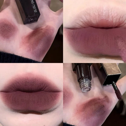 Gothic gray and purple lipstick by Blushimmer featuring velvet matte finish, long-lasting waterproof lip gloss in black brown shade