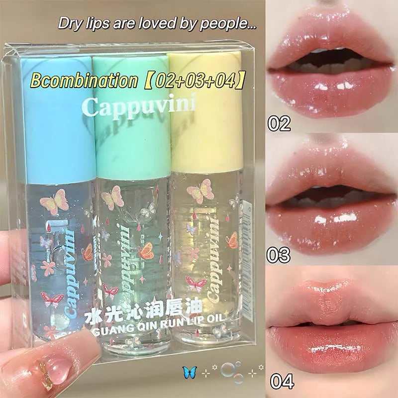 Blushimmer moisturizing shimmer lip gloss with hydrating jelly texture and mirror-like glaze finish, applied on lips.