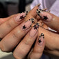 Blushimmer 3D Bowknot pearl leopard French nude almond fake nails, stylish wearable press-on false nails with detachable design.