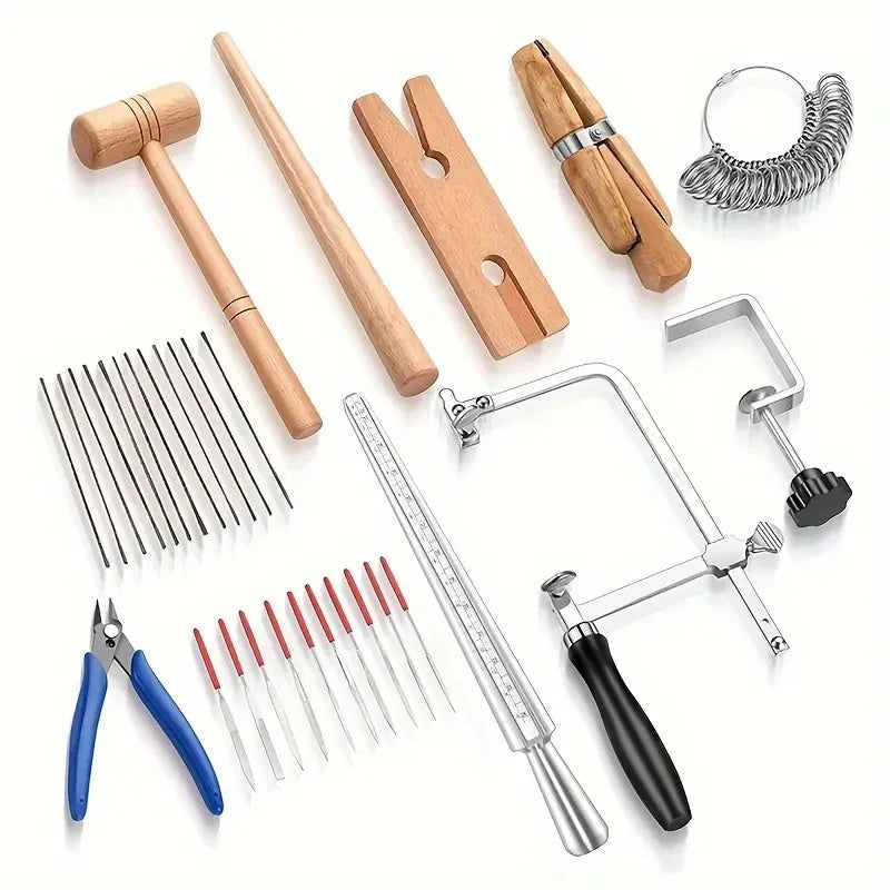 Complete DIY Crafting Set Professional Jewelry Making Kit including Saw Ring Sizer File Diagonal Pliers Wooden Clamp and Hammer